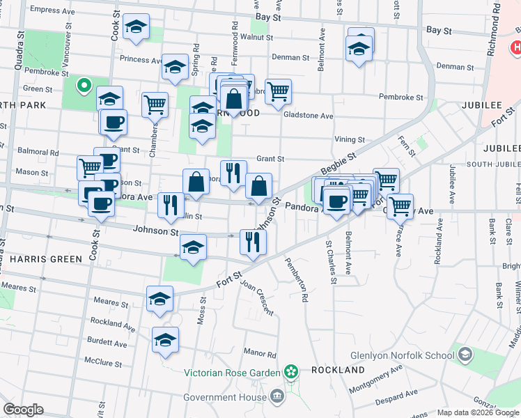 map of restaurants, bars, coffee shops, grocery stores, and more near 1425 Harrison Street in Victoria