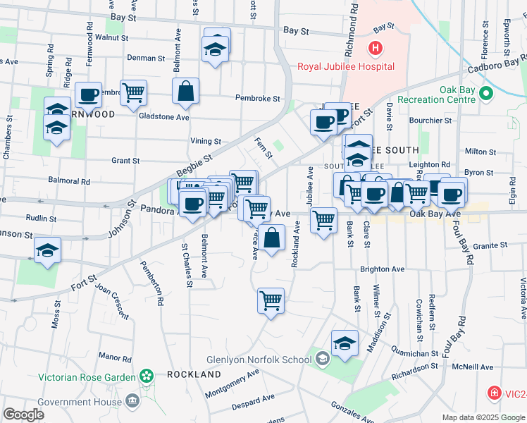 map of restaurants, bars, coffee shops, grocery stores, and more near 1635 Oak Bay Avenue in Victoria