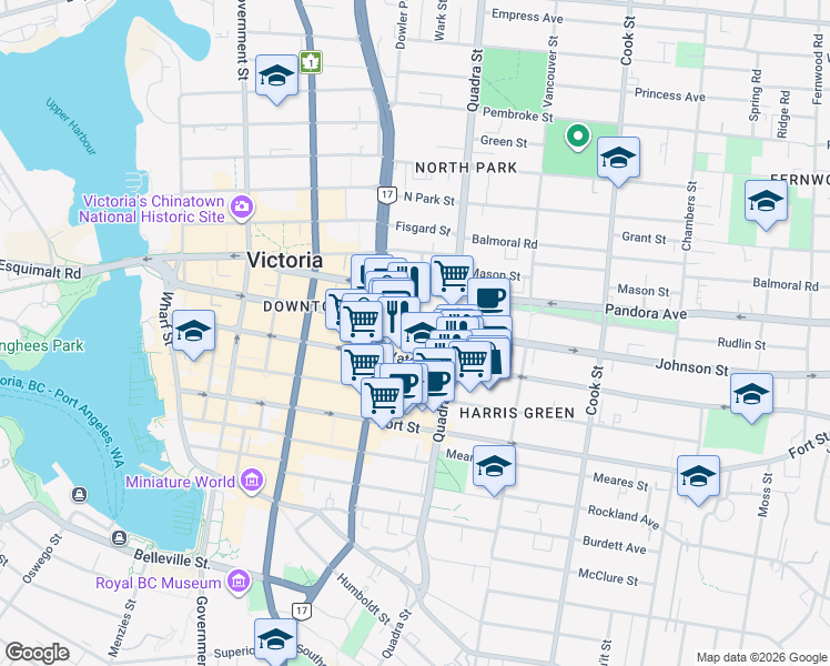 map of restaurants, bars, coffee shops, grocery stores, and more near 835 Johnson Street in Victoria