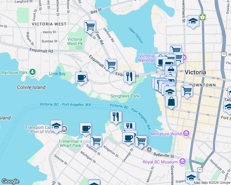 map of restaurants, bars, coffee shops, grocery stores, and more near 56 Songhees Road in Victoria