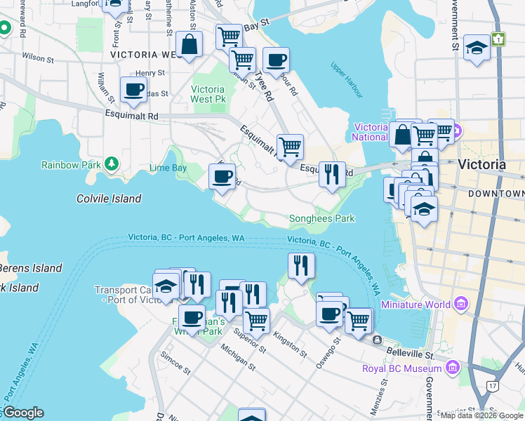 map of restaurants, bars, coffee shops, grocery stores, and more near 65 Songhees Road in Victoria