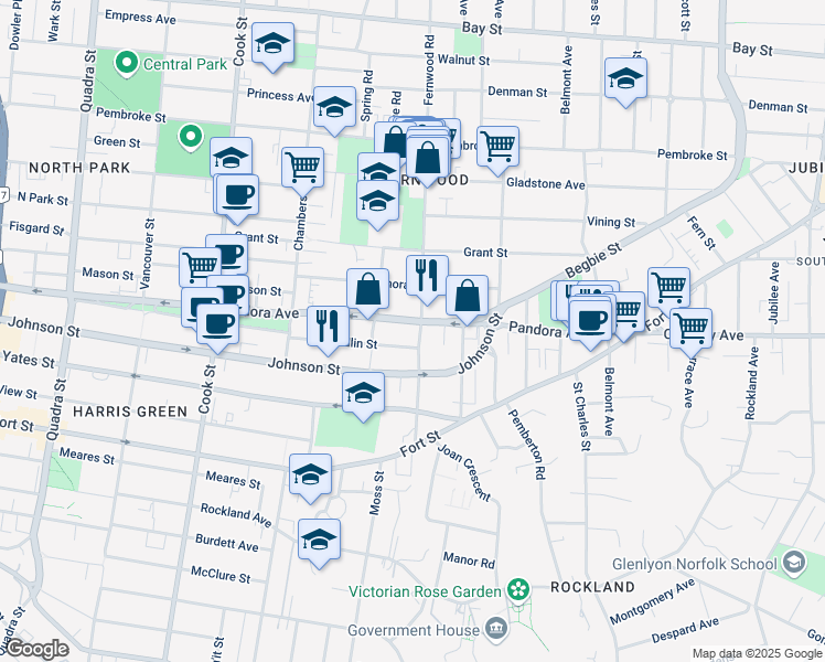 map of restaurants, bars, coffee shops, grocery stores, and more near 1423 Fernwood Road in Victoria