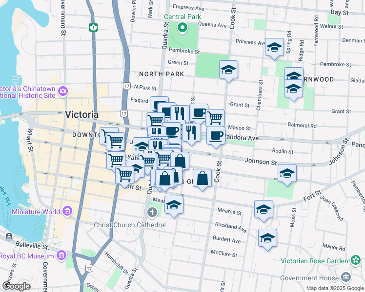 map of restaurants, bars, coffee shops, grocery stores, and more near 960 Yates Street in Victoria