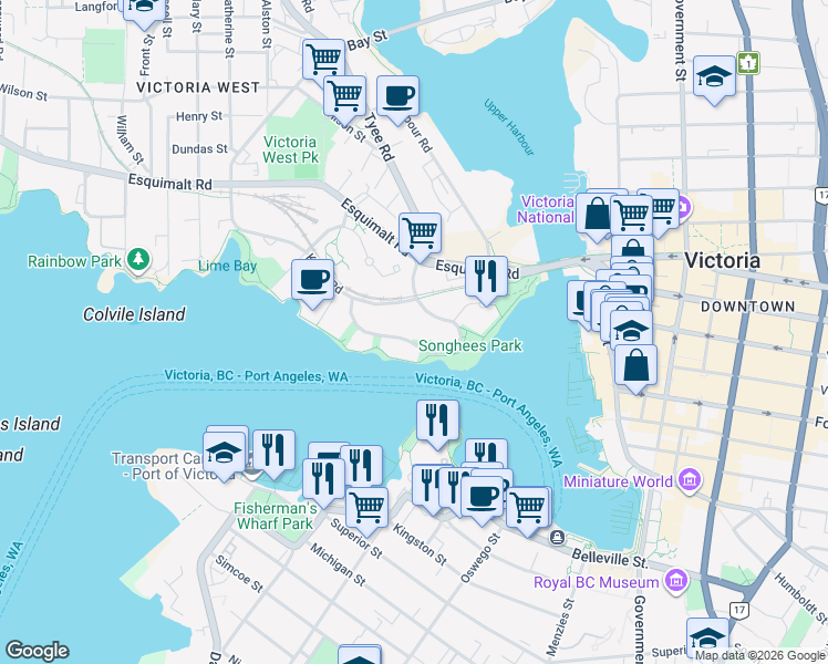 map of restaurants, bars, coffee shops, grocery stores, and more near 55 Songhees Road in Victoria