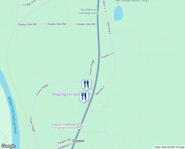 map of restaurants, bars, coffee shops, grocery stores, and more near 10343 U.S. Highway 2 in Columbia Falls