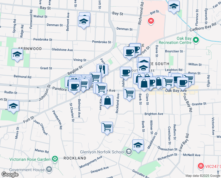 map of restaurants, bars, coffee shops, grocery stores, and more near 1792 Rockland Avenue in Victoria