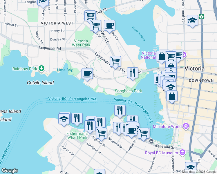 map of restaurants, bars, coffee shops, grocery stores, and more near 55 Songhees Road in Victoria