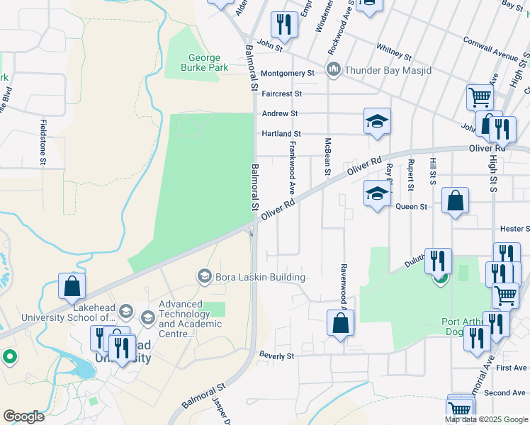 map of restaurants, bars, coffee shops, grocery stores, and more near 618 Langworthy Crescent in Thunder Bay