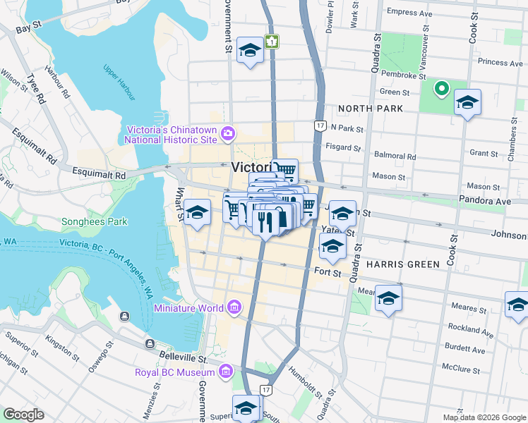 map of restaurants, bars, coffee shops, grocery stores, and more near 1306 Douglas Street in Victoria