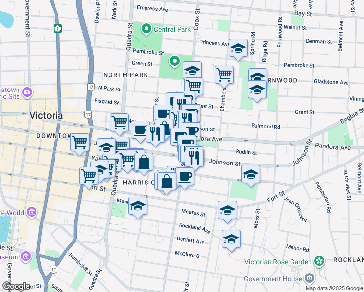 map of restaurants, bars, coffee shops, grocery stores, and more near 1488 Cook Street in Victoria