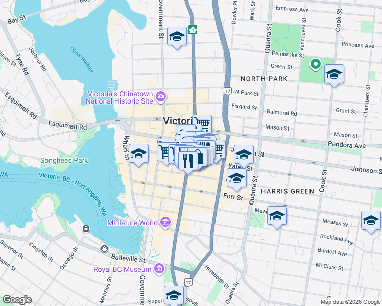 map of restaurants, bars, coffee shops, grocery stores, and more near 700 Yates Street in Victoria