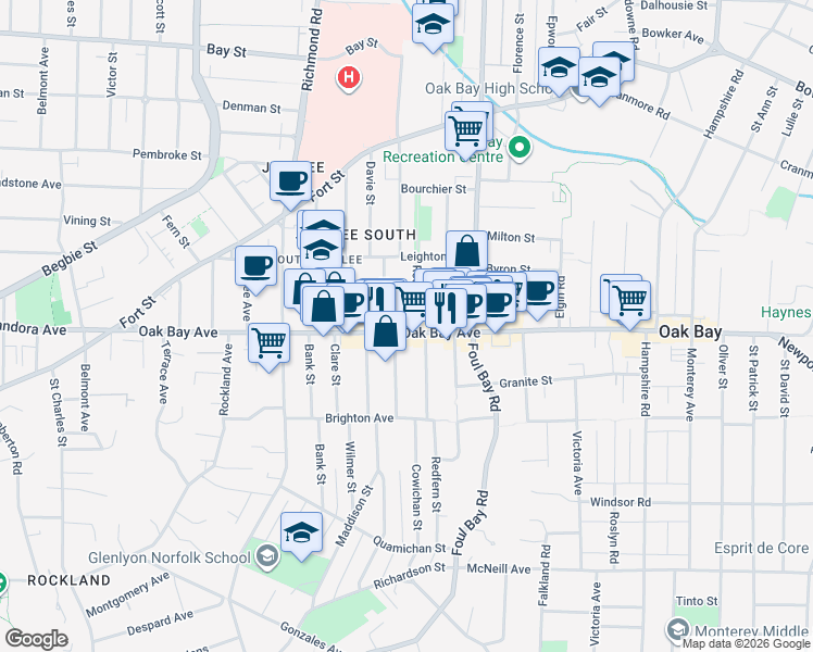 map of restaurants, bars, coffee shops, grocery stores, and more near 1889 Oak Bay Avenue in Victoria