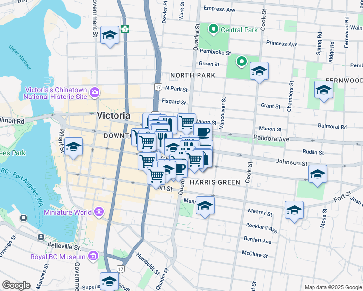 map of restaurants, bars, coffee shops, grocery stores, and more near 865 Johnson Street in Victoria