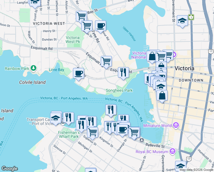 map of restaurants, bars, coffee shops, grocery stores, and more near 55 Songhees Road in Victoria