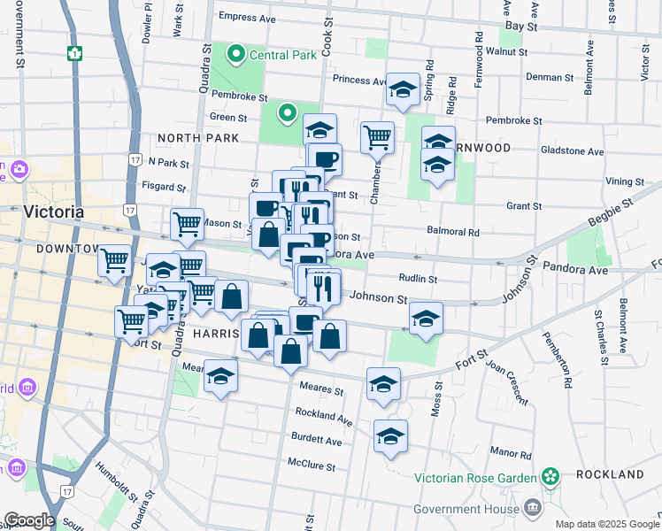 map of restaurants, bars, coffee shops, grocery stores, and more near 617 Pandora Avenue in Victoria