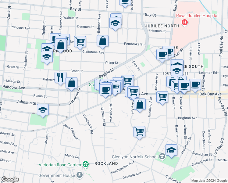 map of restaurants, bars, coffee shops, grocery stores, and more near 1537 A Fort Street in Victoria