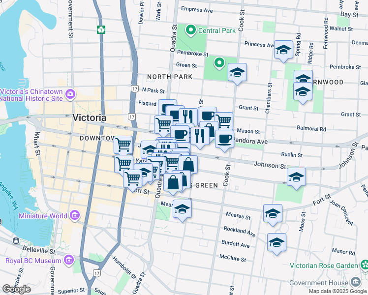 map of restaurants, bars, coffee shops, grocery stores, and more near 960 Yates Street in Victoria