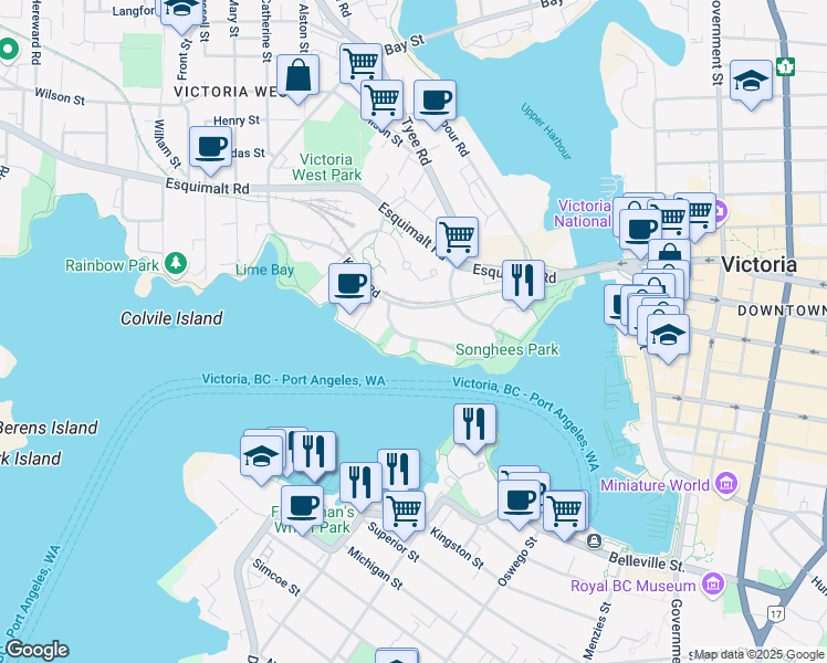 map of restaurants, bars, coffee shops, grocery stores, and more near 65 Songhees Road in Victoria