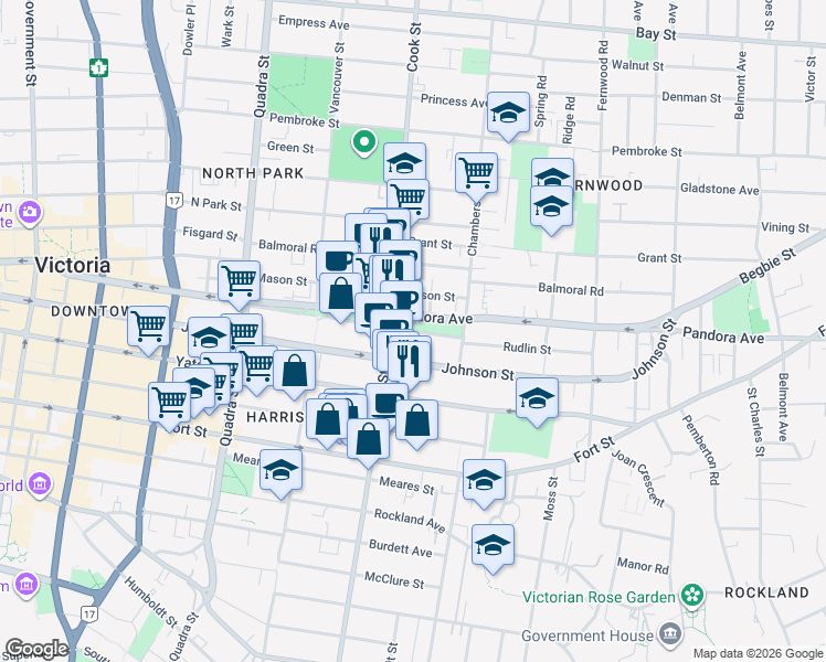 map of restaurants, bars, coffee shops, grocery stores, and more near 508 Pandora Avenue in Victoria
