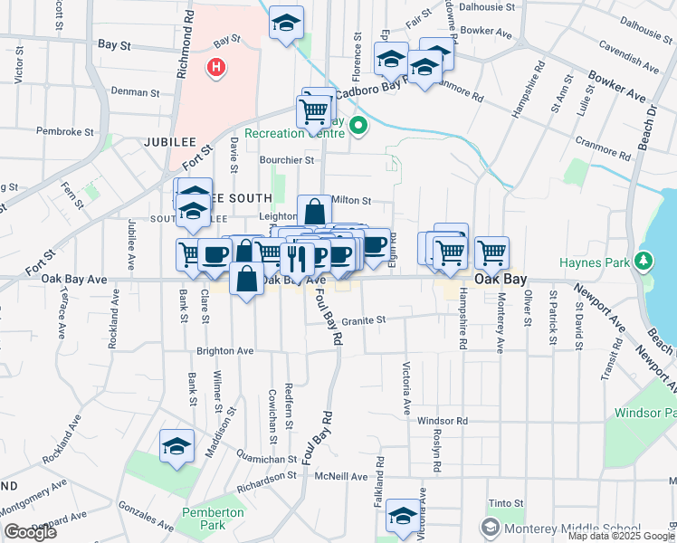 map of restaurants, bars, coffee shops, grocery stores, and more near 2020 Oak Bay Avenue in Victoria