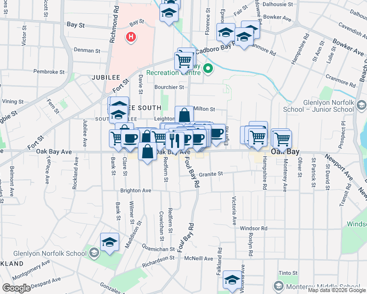 map of restaurants, bars, coffee shops, grocery stores, and more near 2020 Oak Bay Avenue in Victoria