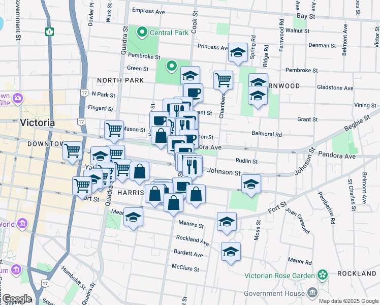 map of restaurants, bars, coffee shops, grocery stores, and more near 333 Pandora Avenue in Victoria