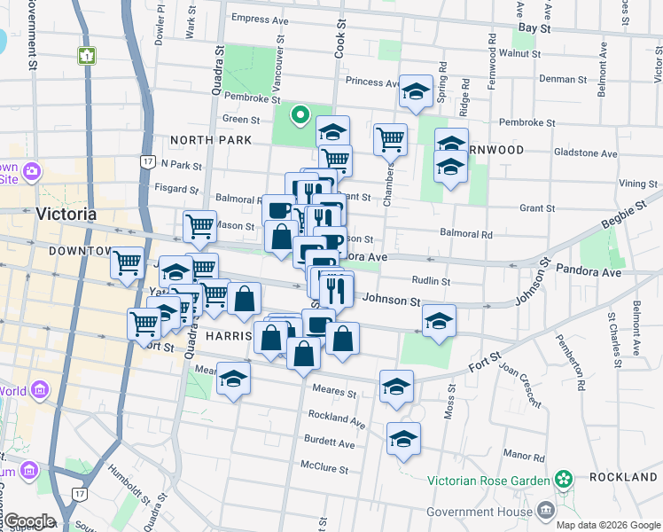 map of restaurants, bars, coffee shops, grocery stores, and more near Pandora Avenue in Victoria