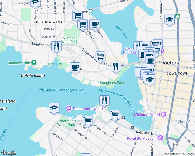 map of restaurants, bars, coffee shops, grocery stores, and more near 66 Songhees Road in Victoria