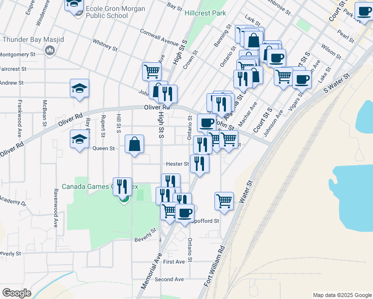 map of restaurants, bars, coffee shops, grocery stores, and more near 353 Queen Street in Thunder Bay