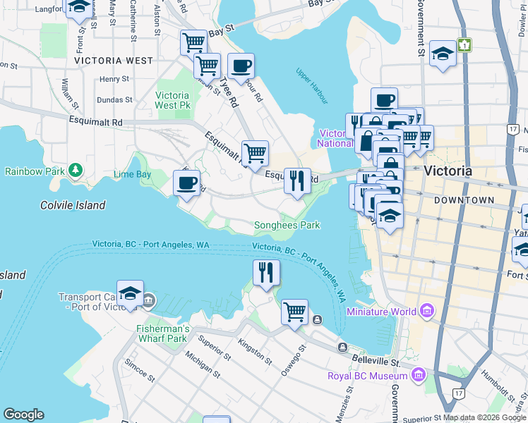 map of restaurants, bars, coffee shops, grocery stores, and more near 27 Songhees Road in Victoria