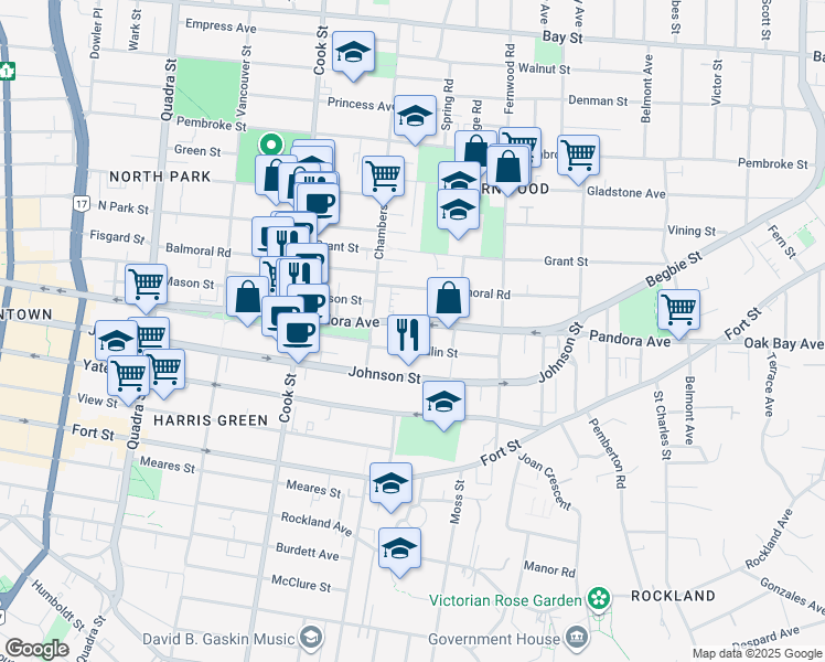 map of restaurants, bars, coffee shops, grocery stores, and more near 1229 Pandora Avenue in Victoria