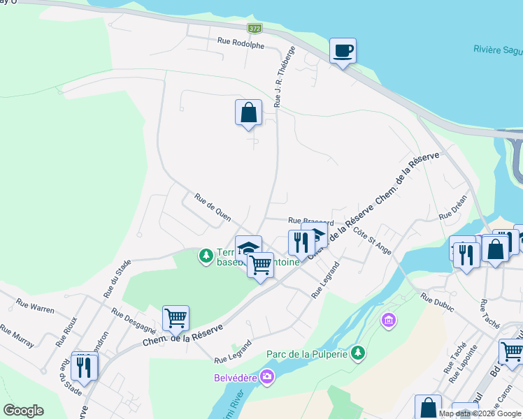 map of restaurants, bars, coffee shops, grocery stores, and more near 386 Rue J. R. Théberge in Saguenay