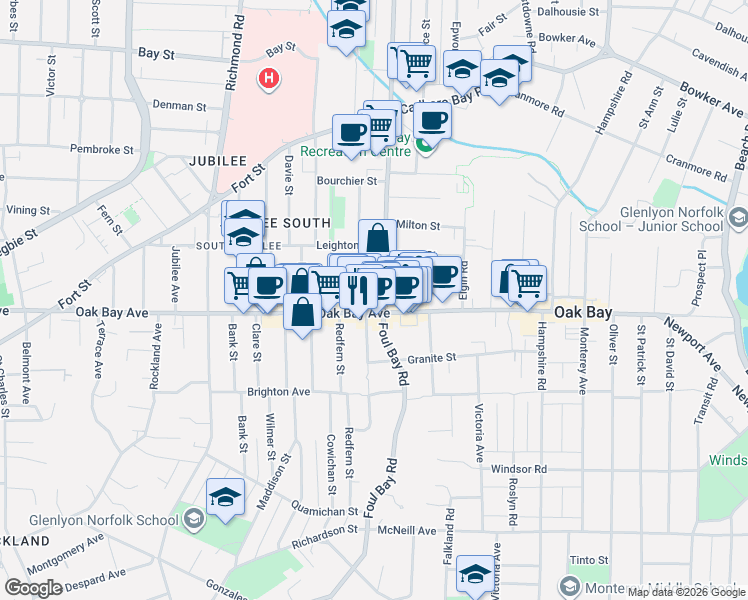 map of restaurants, bars, coffee shops, grocery stores, and more near 1605 Foul Bay Road in Victoria