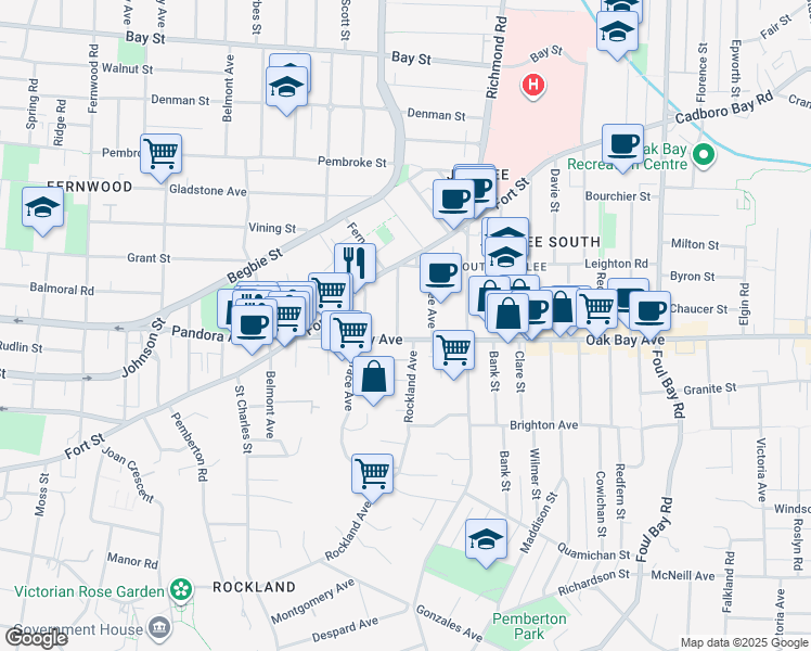 map of restaurants, bars, coffee shops, grocery stores, and more near 1505 Belcher Avenue in Victoria