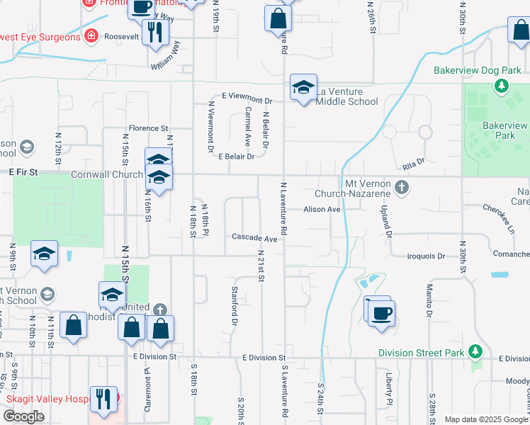 map of restaurants, bars, coffee shops, grocery stores, and more near 700 North 21st Street in Mount Vernon