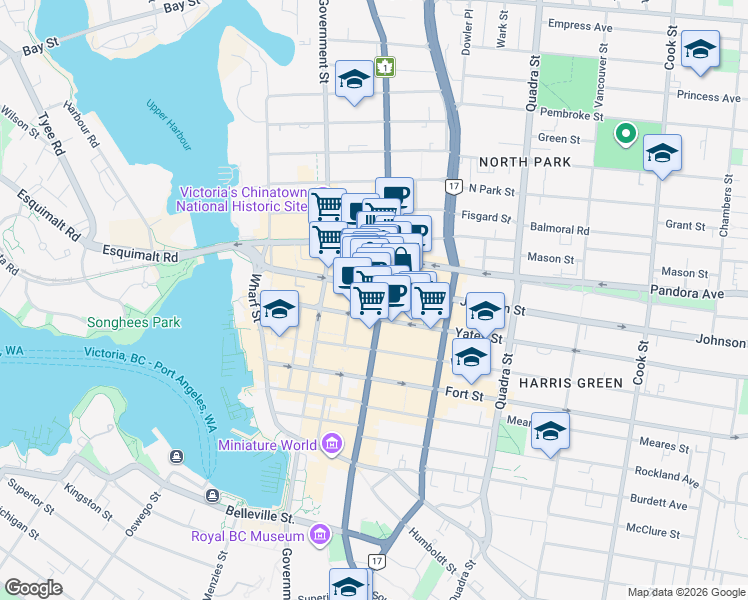 map of restaurants, bars, coffee shops, grocery stores, and more near 1316 Douglas Street in Victoria