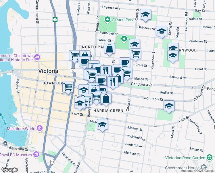map of restaurants, bars, coffee shops, grocery stores, and more near 930 Pandora Avenue in Victoria