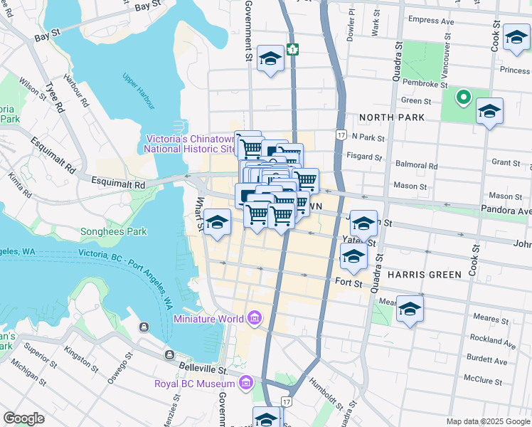 map of restaurants, bars, coffee shops, grocery stores, and more near 1314 Broad Street in Victoria
