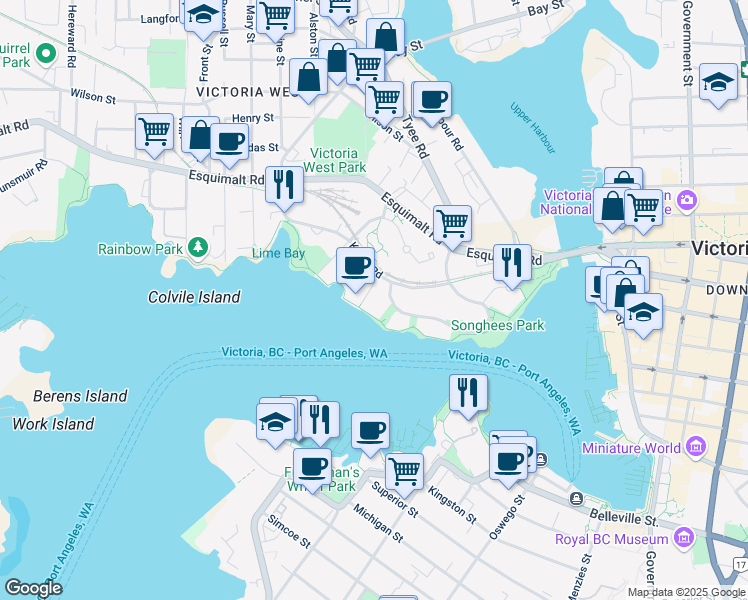 map of restaurants, bars, coffee shops, grocery stores, and more near 75 Songhees Road in Victoria