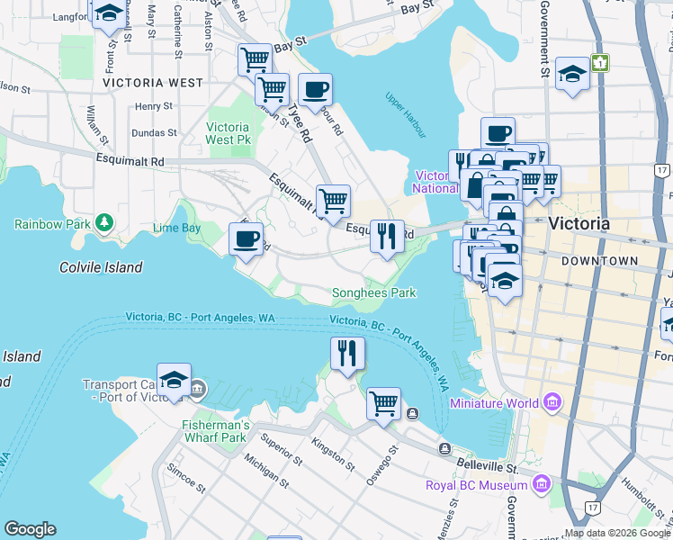 map of restaurants, bars, coffee shops, grocery stores, and more near 27 Songhees Road in Victoria