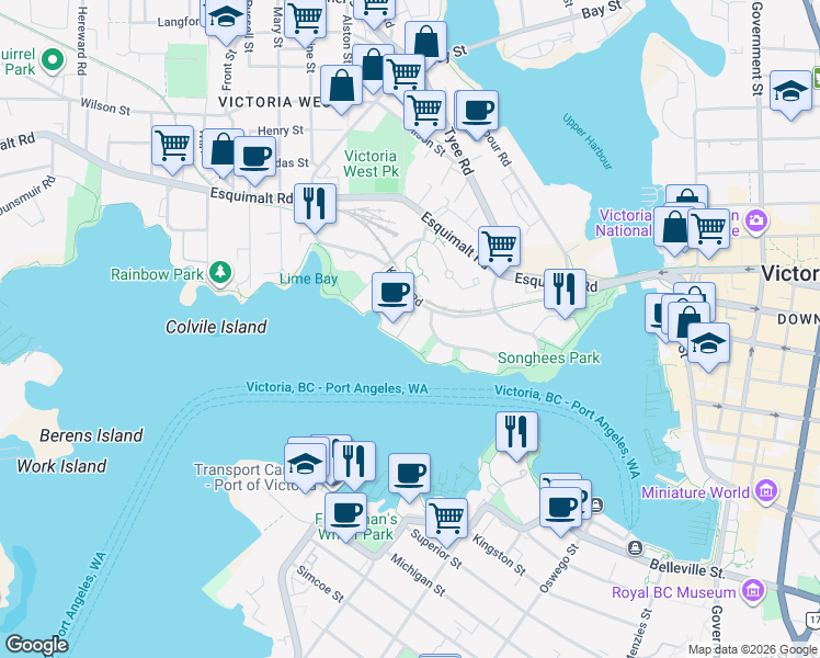 map of restaurants, bars, coffee shops, grocery stores, and more near in Victoria