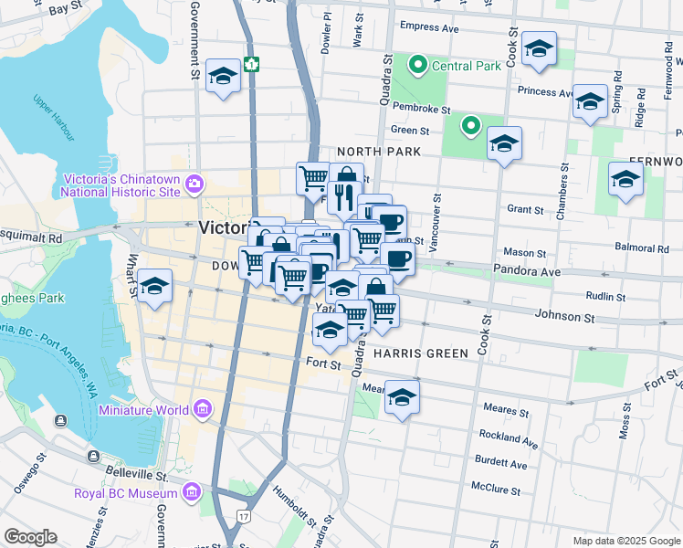 map of restaurants, bars, coffee shops, grocery stores, and more near 834 Johnson Street in Victoria