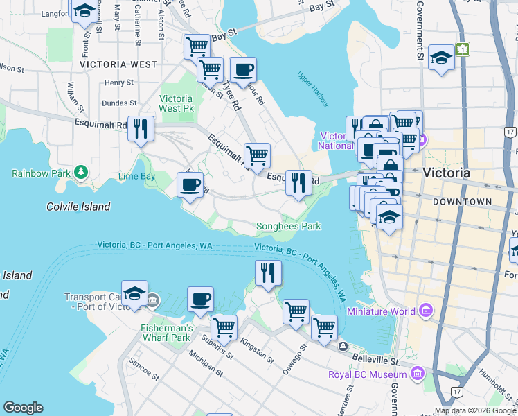 map of restaurants, bars, coffee shops, grocery stores, and more near 66 Songhees Road in Victoria