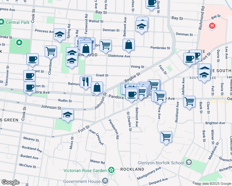 map of restaurants, bars, coffee shops, grocery stores, and more near 1460 Pandora Avenue in Victoria