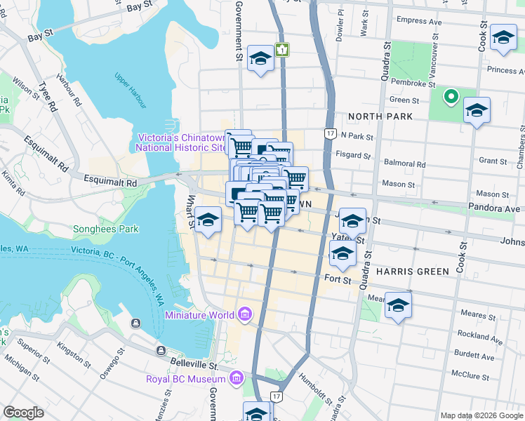 map of restaurants, bars, coffee shops, grocery stores, and more near 1315 Broad Street in Victoria