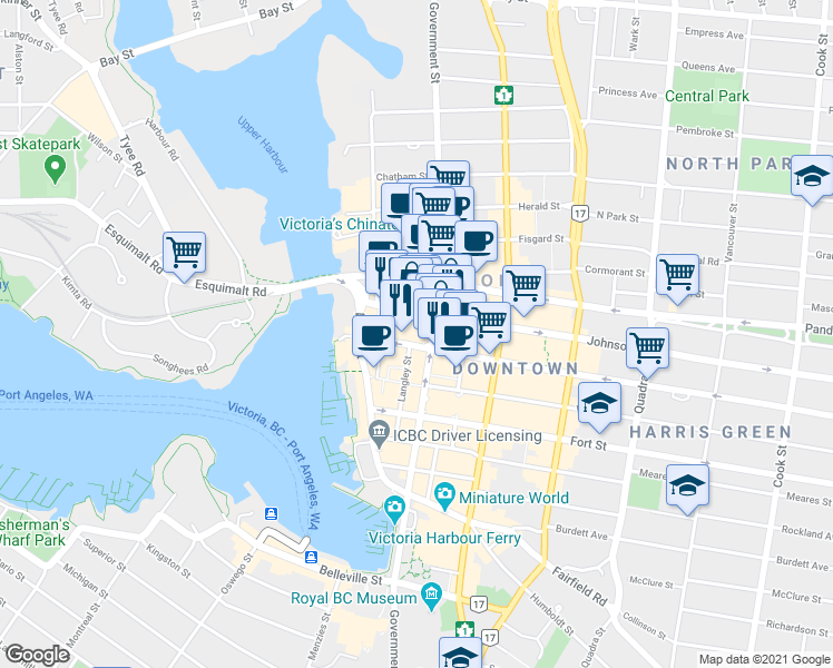 map of restaurants, bars, coffee shops, grocery stores, and more near 1328 Government Street in Victoria