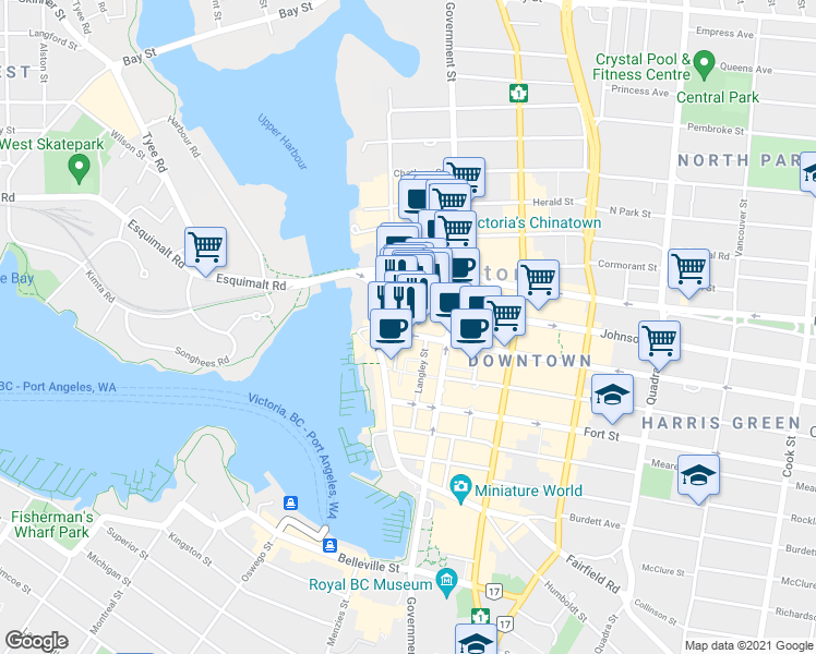 map of restaurants, bars, coffee shops, grocery stores, and more near 549 Johnson Street in Victoria