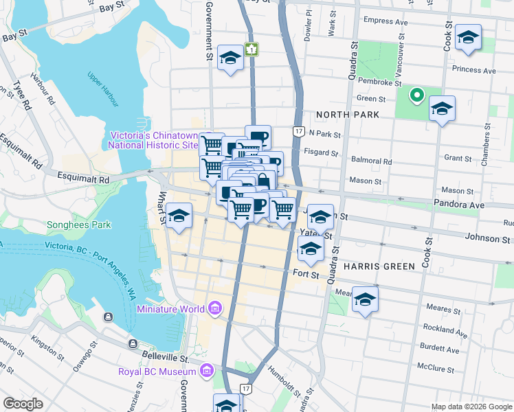 map of restaurants, bars, coffee shops, grocery stores, and more near in Victoria