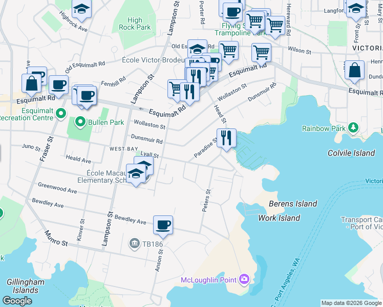 map of restaurants, bars, coffee shops, grocery stores, and more near 510 Paradise Street in Victoria