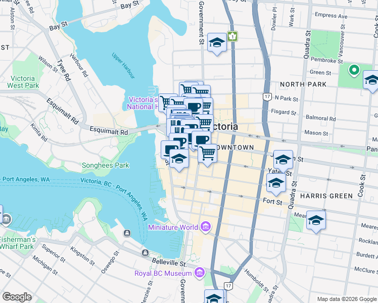 map of restaurants, bars, coffee shops, grocery stores, and more near 562 Yates Street in Victoria
